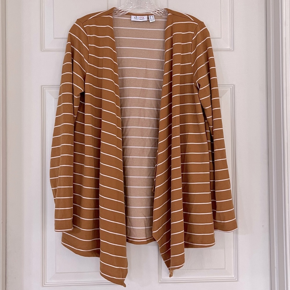 🌸3/$25 Denim & Co French Terry Draped Waterfall Cardigan Yellow & White Stripe